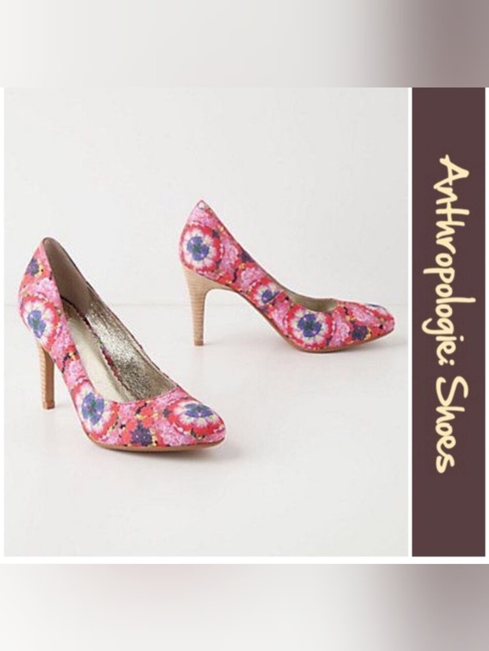 Anthropologie Pink Floral Mid-Heel Pumps with Multicolor Blooms